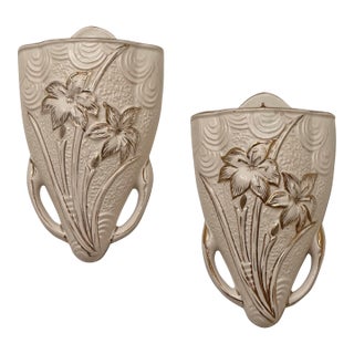1930's Vintage Art Deco English Pottery Arthur Wood Floral Cream & Gold Wall Pockets, a Pair For Sale