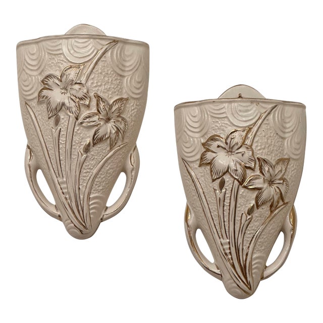 1930's Vintage Art Deco English Pottery Arthur Wood Floral Cream & Gold Wall Pockets, a Pair For Sale