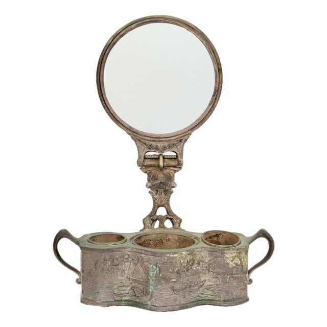 Silverplate Shaving Mirror W/Removable Storage Cups For Sale
