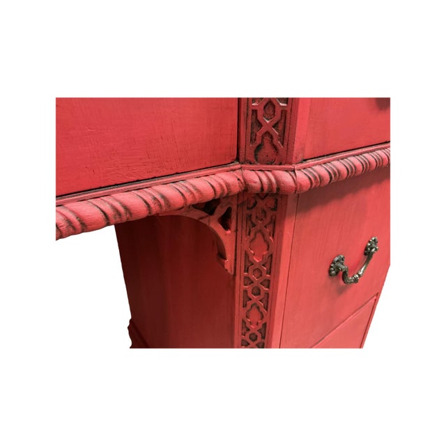 Asian Writing Desk Painted Red Brass Hardware Rope Turn Trim Glass Top 7 Drawers For Sale In Philadelphia - Image 6 of 12