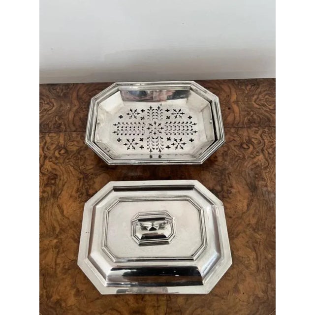 Lovely quality antique Edwardian silver plated rectangular entree dish having a lovely rectangular silver plated entree...