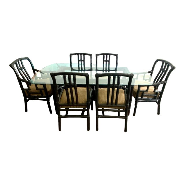 Ficks Reed by John Wisner Far Horizons Collection Vintage Rattan & Wicker Table & Six Chairs Dining Set C. 1950's For Sale