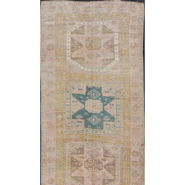 Antique Turkish Oushak Runner With Geometric Medallion Design 3'2" X 10'11" For Sale - Image 4 of 12