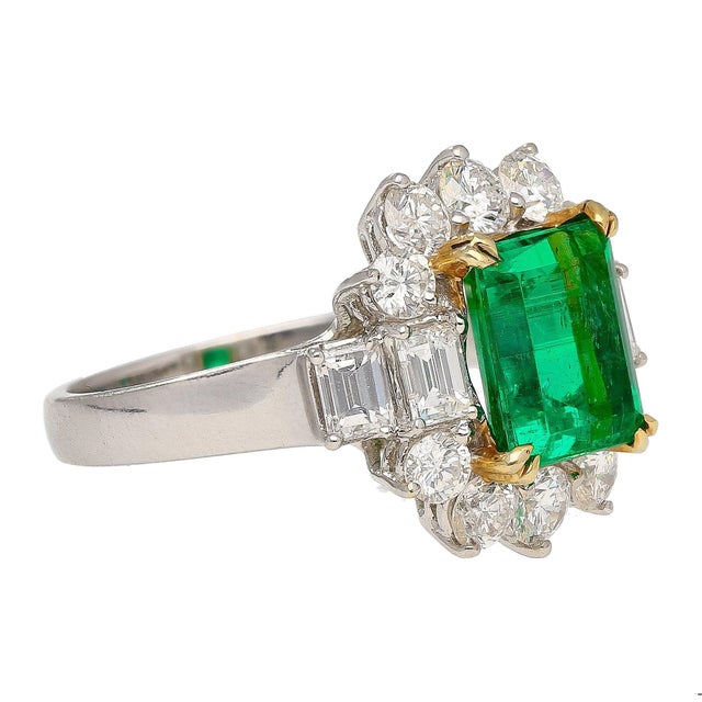 2000 - 2009 4.42 Carat Tw Colombian Emerald With Round & Emerald Cut Diamond Halo 18k Ring Size 7 For Sale - Image 5 of 12