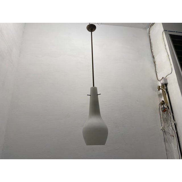Bronze opaline light pendants 1950’s set of 2 height including rod 95 cm height of shade 40 cm width 17 cm depth 17 cm...
