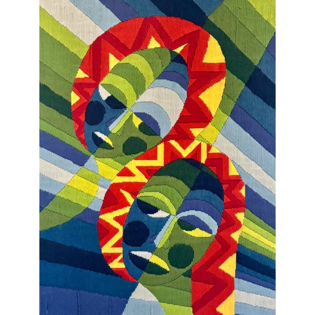 Stunning and vibrant French mid century modern geometric tapestry. Hand embroidered in the 1960s. Based off art by O....