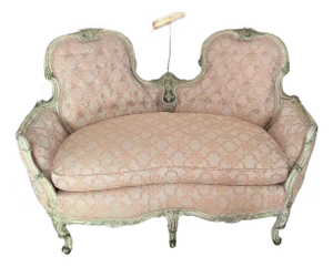 1970s Vintage French Boudoir Style Pink Cushioned Settee With White Wooden Detailed Frame