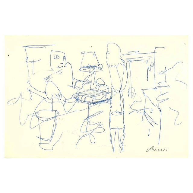 Mino Maccari, The Office, Ink Drawing, 1950s For Sale