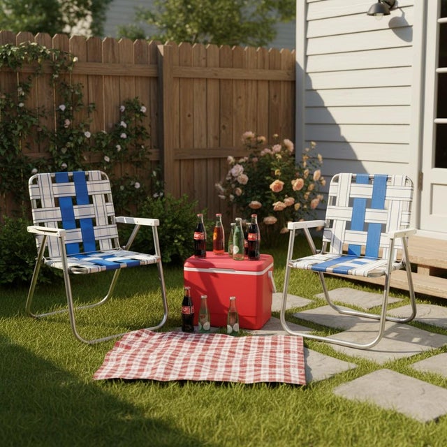 Mid-Century Modern Vintage Aluminum Lawn Chairs Set-Mid Century-Webbed-Folding-Patio Pair-Retro For Sale - Image 3 of 11