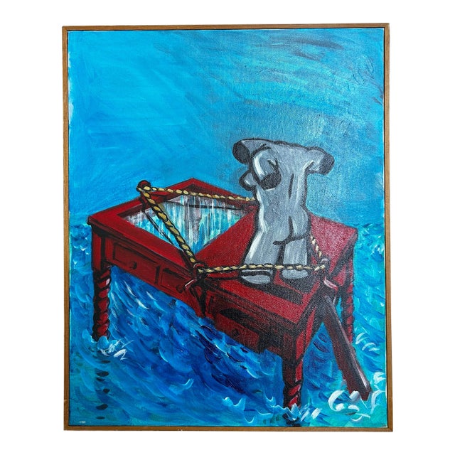 Vintage Surrealist Painting Animated Still Life Figure on Stormy Sea For Sale
