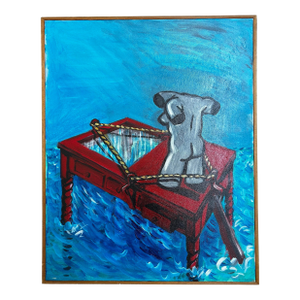 Vintage Surrealist Painting Animated Still Life Figure on Stormy Sea