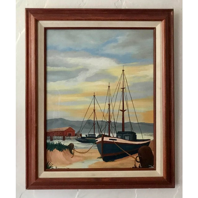 This wonderful seaside chic 1978 oil painting of sailboats resting at dry dock, is framed and signed by the artist. PS, I...