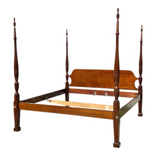 Vintage Chippendale Style King Size Mahogany Four Post Bed With Rice Carvings For Sale