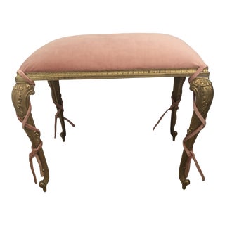 Vintage Brass Bench With Blush Velvet Seat For Sale
