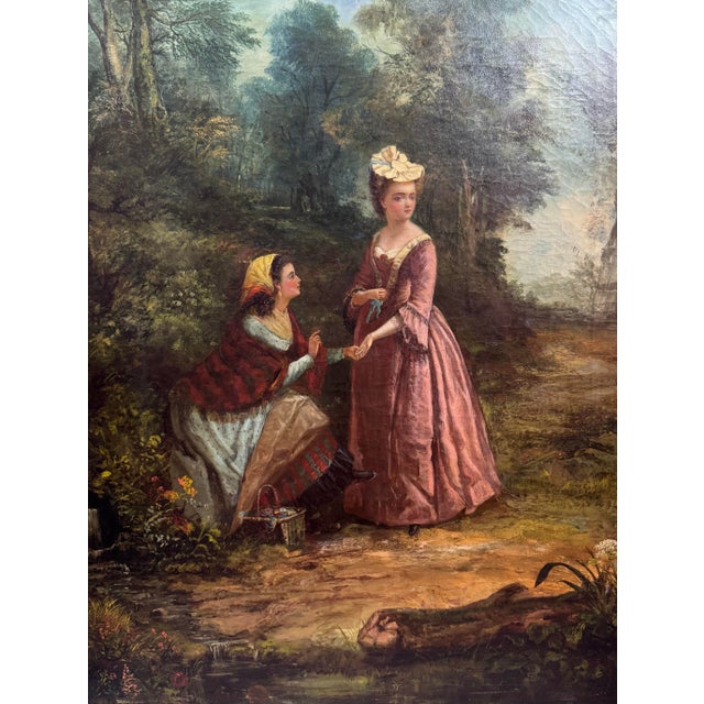 This listing is for a 19th century French oil on canvas painting. This Victorian era painting depicts a lady and her maid...
