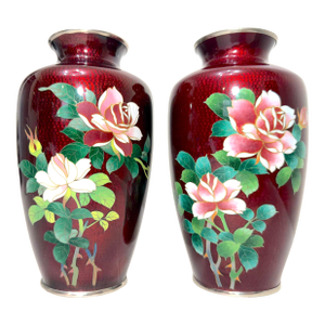 Pair Vintage Japanese Handmade Red Enamel Silver Floral Cloisonné Foil Vase Urn
