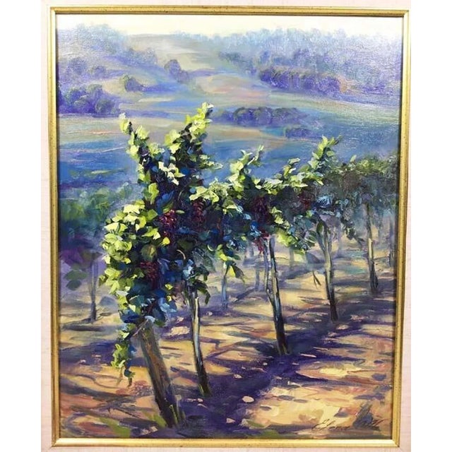 Charming original oil painting of a California vineyard titled "Grape Vine." signed by the artist Elena Morris on verso &...