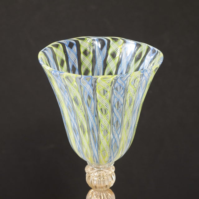 Set of 8 Hand-Blown Murano Latticino Blue & Chartreuse Wine Glasses W/ 24k Gold For Sale - Image 15 of 18