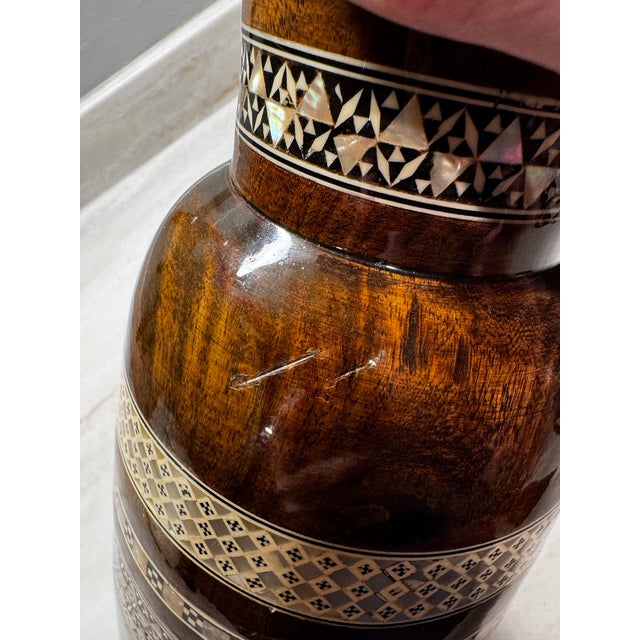 Chestnut Antique Handcrafted Mother-of-Pearl Inlaid Heavy Wood Vase. 12 in/30.5 Cm For Sale - Image 8 of 12