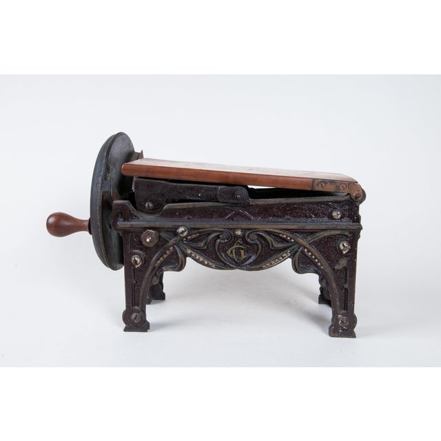 Mechanical Cast Iron and Wood Tobacco Cutter, Antique, Manual, Compact Design, Exotic Accessory for Conversation For Sale - Image 4 of 11