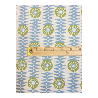 Charlotte Gaisford Happy Star Smoking Blue Green Cream Cotton Linen Upholstery Drapery Fabric For Sale