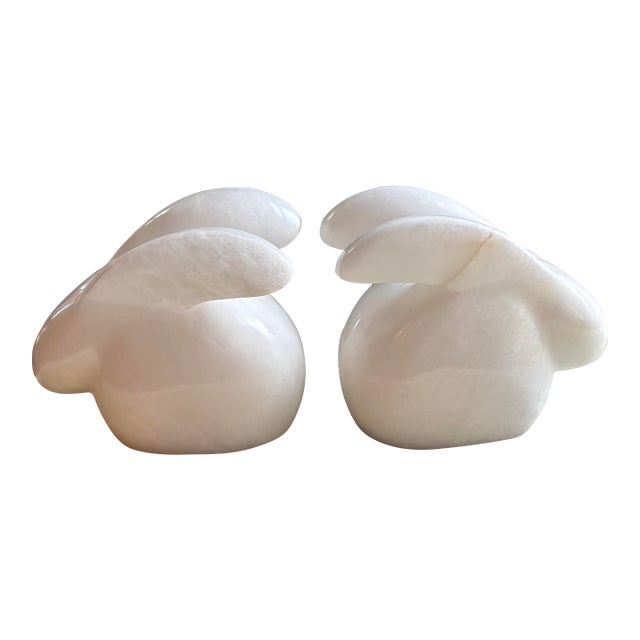 Late 20th Century White Carved Stone Bunny Rabbit Bookends For Sale