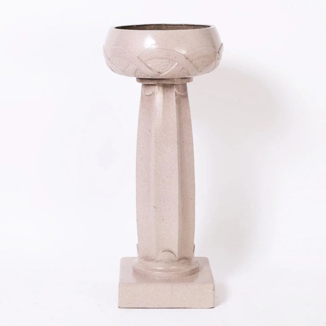 Rare pair of art nouveau mauve glazed earthenware planters on pedestals designed by Archibald Knox, one of England's...