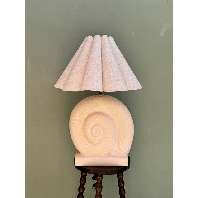 1980s Vintage Pink Plaster Sculptural Nautilus Shell Table Lamps, a Pair — Hollywood Regency, Rewired For Sale - Image 5 of 9