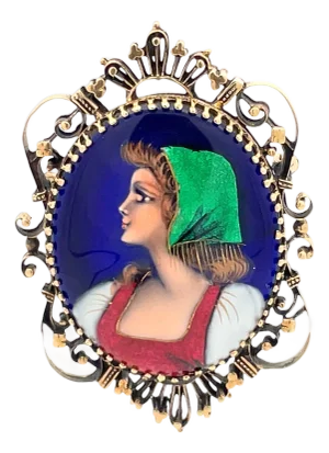 Mid 20th Century 14k Gold French Made Female Portrait Vintage Brooch/Pendant