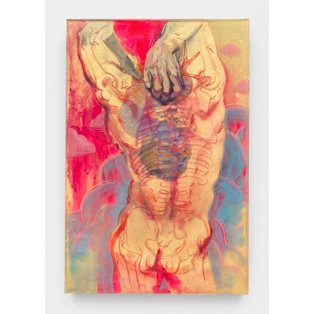 The artwork "Reach" features a striking representation of a figure with an open torso, revealing a vivid interplay of...