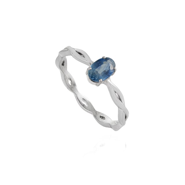 14k Gold Minimalist Oval Blue Sapphire Solitaire Ring With Twisted Band Size 6 For Sale - Image 4 of 15
