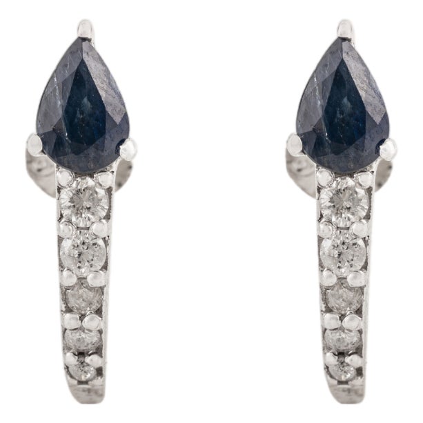 Modern Minimalist Silver Earrings With Pear Cut Sapphire & Diamonds- A Pair For Sale