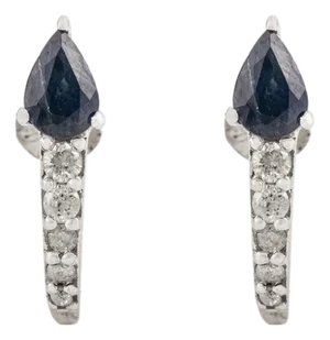 Modern Minimalist Silver Earrings With Pear Cut Sapphire & Diamonds- A Pair