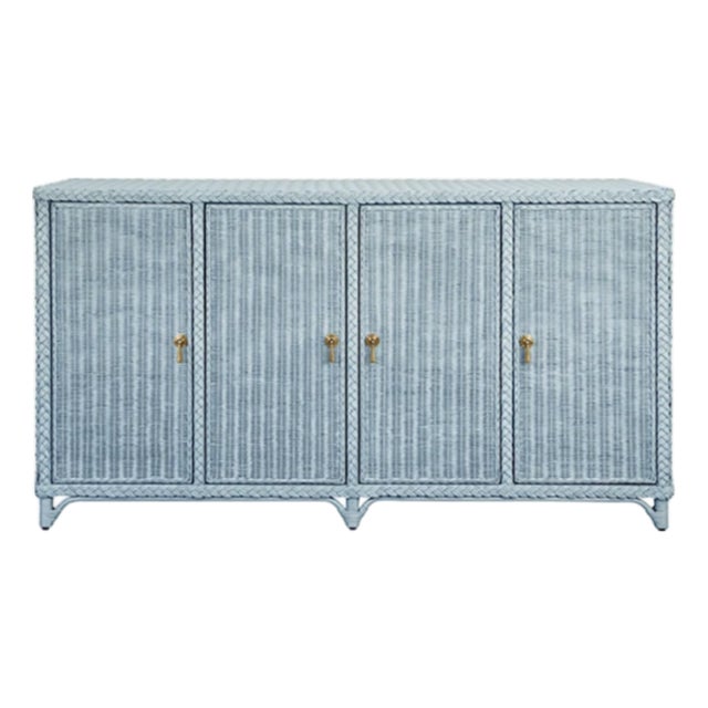 Matthew Izzo Home Evander Languid Blue Four Door Rattan Buffet For Sale