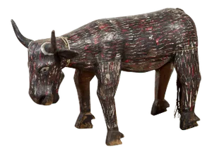 Early 20th Century Indian Hand Painted Wooden Cow with Distressed Patina