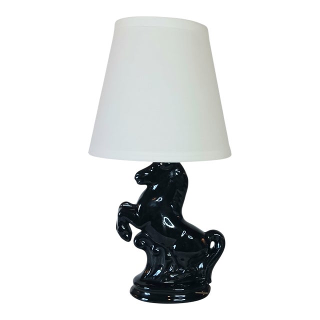 Vintage Rearing Stallion Horse Table Lamp Black Ceramic Equestrian Mid-Century Modern For Sale