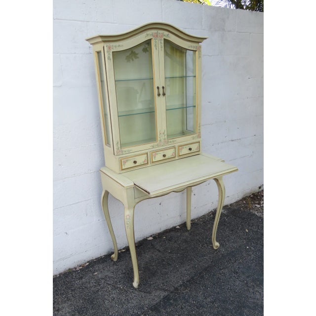 French Painted Tall Secretary Desk With Display Cabinet Bookcase For Sale - Image 4 of 12