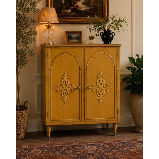 ORIGINAL MUSTARD JEWEL BOX DRY BAR CABINET A charming vintage cabinet reimagined as a sophisticated dry bar and...