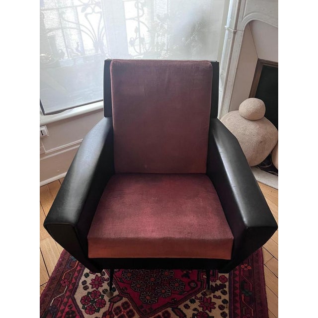 Mid-Century Armchair in Leatherette & Velvet, 1950s For Sale - Image 6 of 11
