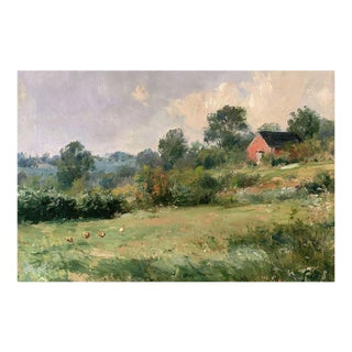 French Country Landscape Art Print – Red Barn & Chickens in a Meadow, 16" X 12" For Sale