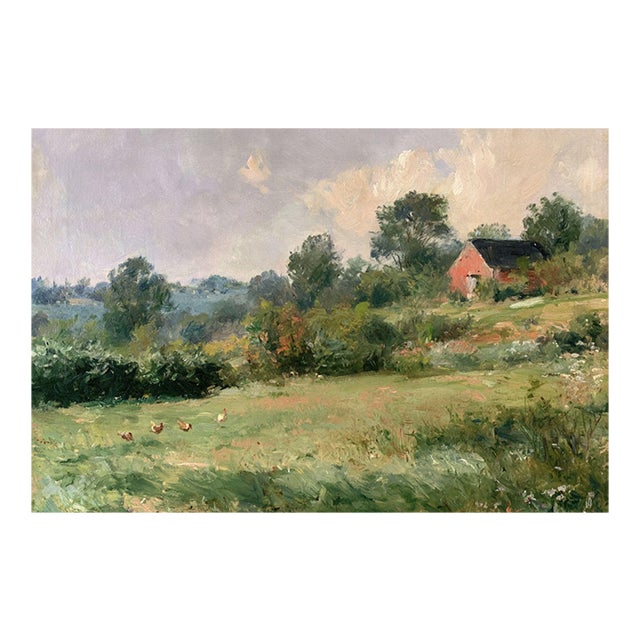 French Country Landscape Art Print – Red Barn & Chickens in a Meadow, 16" X 12" For Sale