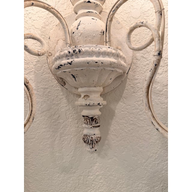 2010s Set of Three Distressed French Country Wall Sconces With Matching Large & Medium Chandeliers Available For Sale - Image 5 of 8