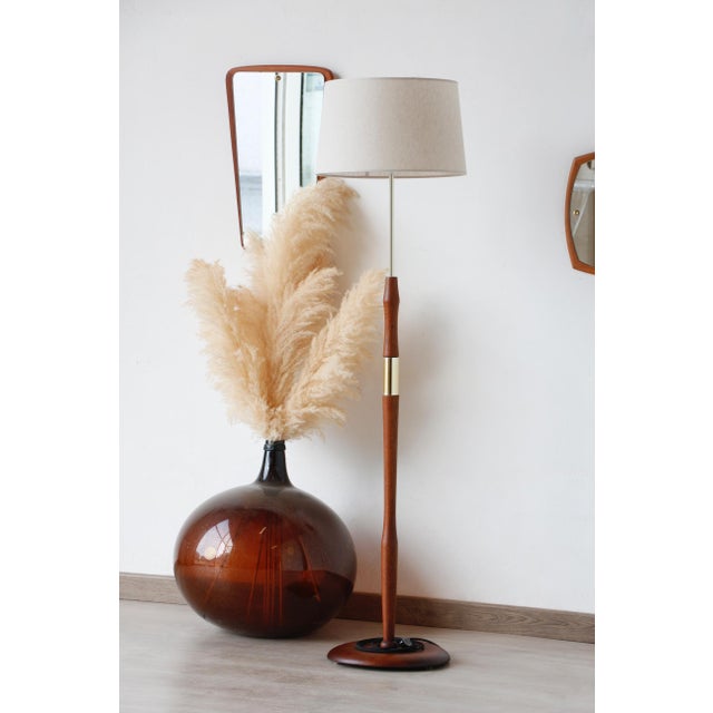 Vintage Scandinavian Floor Lamp in Wood and Gilded Brass with Beige Lampshade, 1960s For Sale - Image 12 of 12