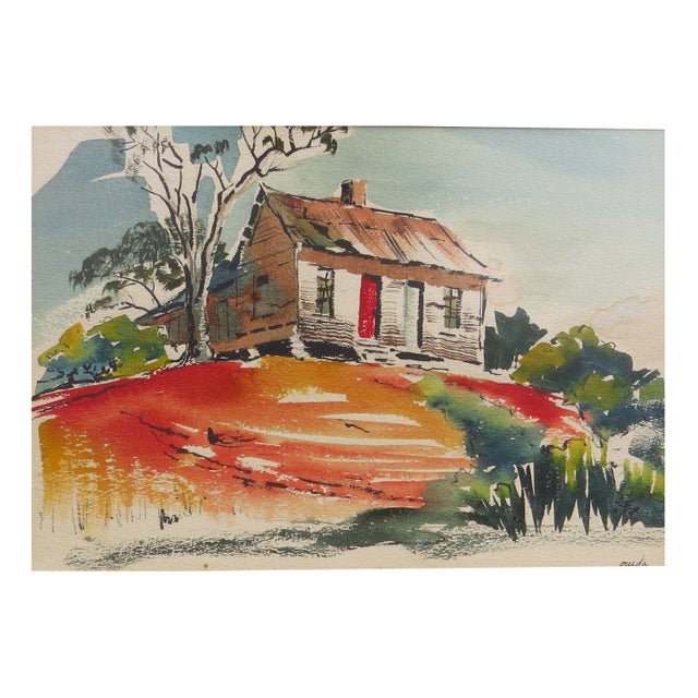 Vintage Ouida Romanoff George watercolor featuring a house on a hill. Signed by artist. A recognized American colorist...