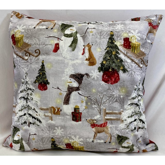 Jolly Snowman With His Animal Friends in a Winter Wonderland Christmas Themed 20” Pillow - Made in U K For Sale - Image 11 of 11