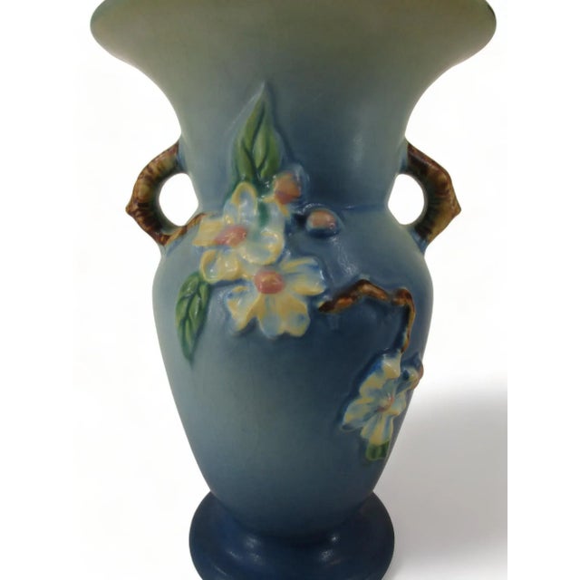 Roseville Pottery Early 20th Century Blue Roseville Pottery Apple Blossom Vase For Sale - Image 4 of 11