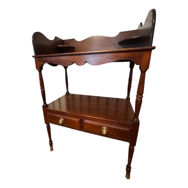 1980s Sheraton Style Mahogany Wash Stand With Corner Shelves and Drawers For Sale