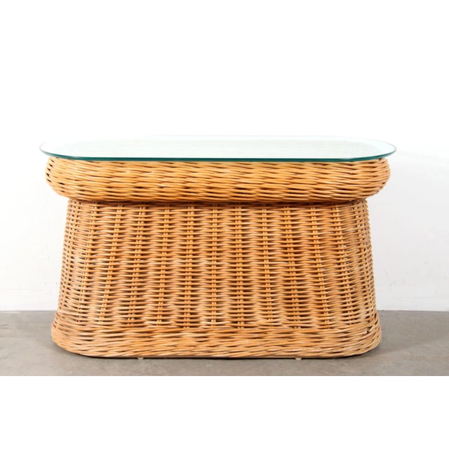 Fabulous vintage Mid Century Modern / Hollywood Regency / BoHo Chic pencil reed console table with an oval beveled glass...