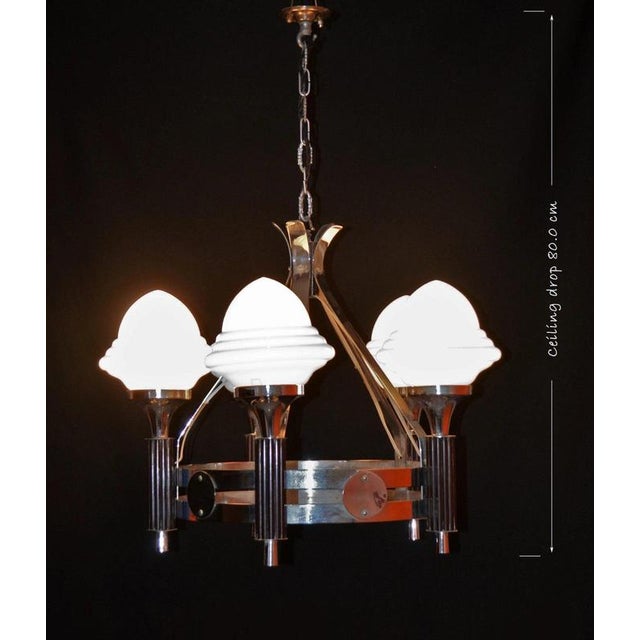 Art Deco French Five-Light Chrome, Bakelite & Opaline Glass Chandelier, 1930s For Sale - Image 4 of 18