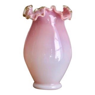 Antique Victorian Peach Blow Glass Vase – Amber Crest Ruffled Rim, 19th Century Art Glass For Sale